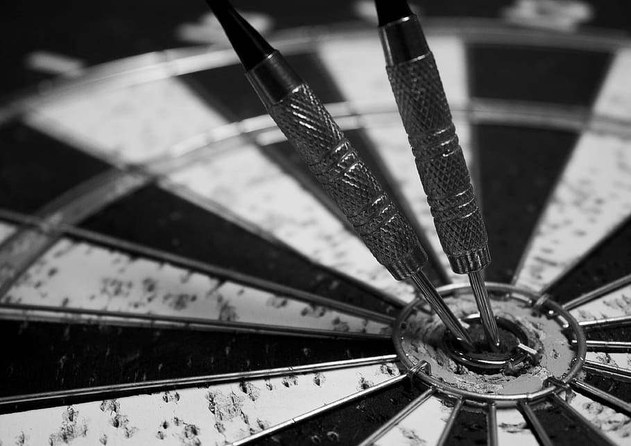 grayscale photo, dart pins, dart, board, game, black and white, target, sport, dartboard, play