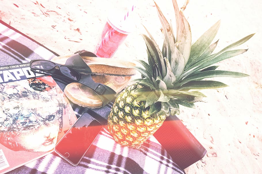 pineapple beside sandals, pineapple, dessert, appetizer, fruit, juice, crop, outdoor, camping, sand