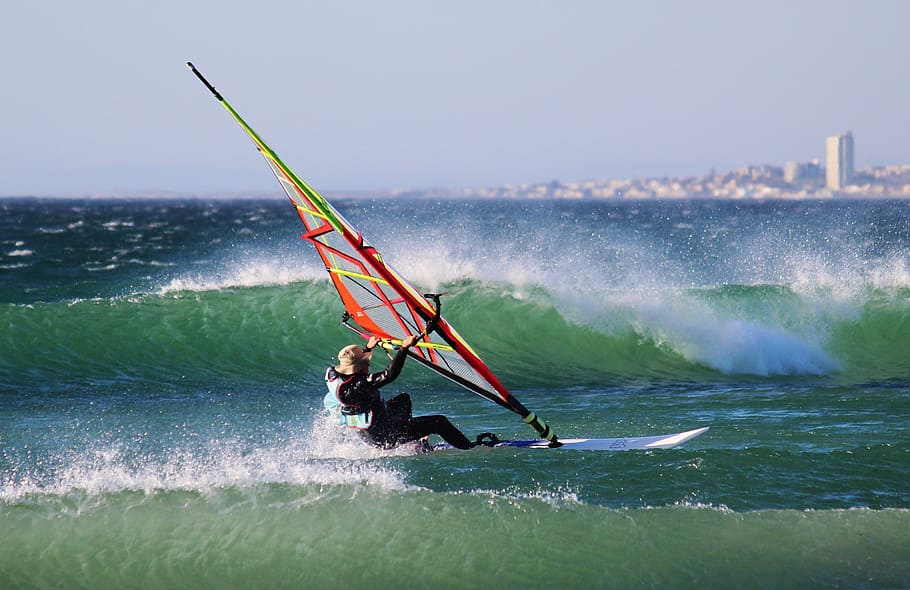 man, windsurfing trick, body, water, surfer, surfboard, wave, spray, beach, sea