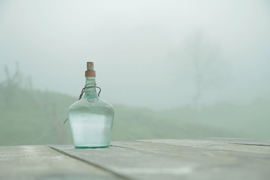 clear, glass bottle, gray, wooden, table, bottle, fog, wooden table, cobweb, calm