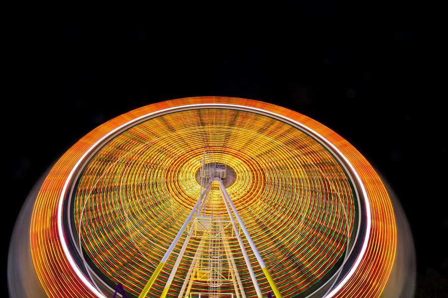time-lapse photography, ferris, wheel, abstract, blur, bright, circular, color, design, fairground