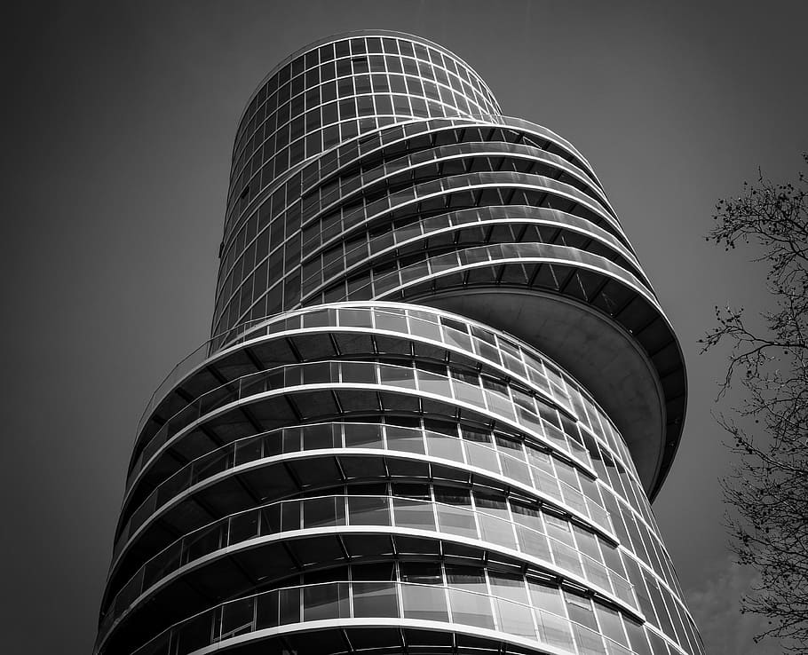 grayscale photography, curtail, wall, architecture, tower, office building, building, skyscraper, facade, glass front