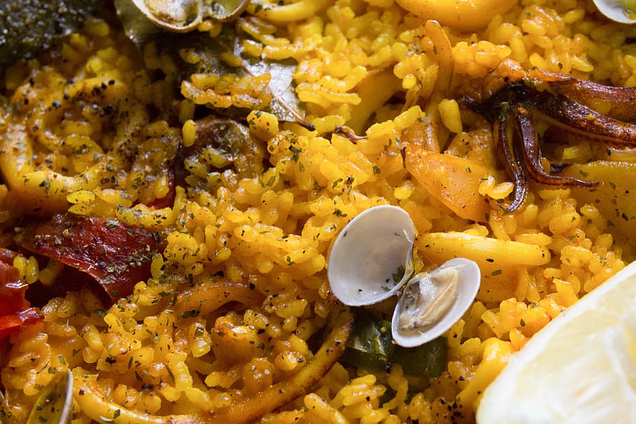 paella, rice, clams, food, seafood, spanish food, mediterranean, vegetables, nutrition, squid