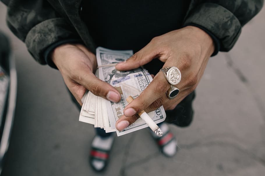 people, man, hands, money, bill, cigarette, smoking, ring, rich, holding