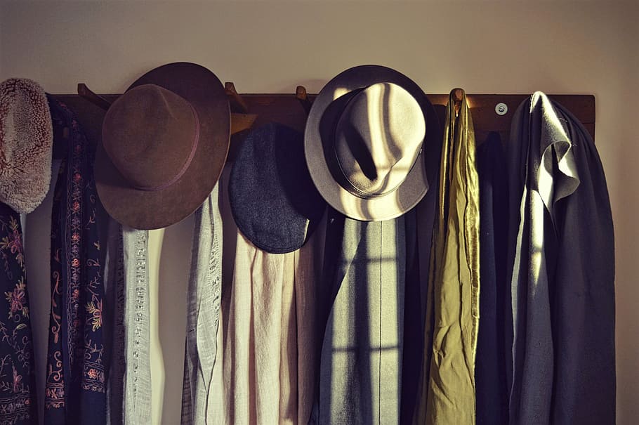 hats, scarves, visitors, retro, fabrics, hall, hanging, indoors, clothing, variation