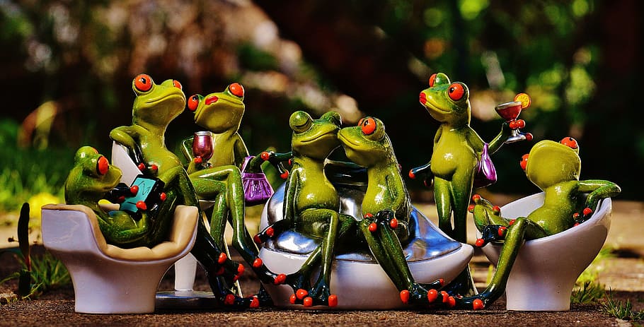 座っている緑のカエル, 緑のカエル, カエル, パーティー, 祝う, 面白い, かわいい, 楽しい, グループ, 居心地の良い