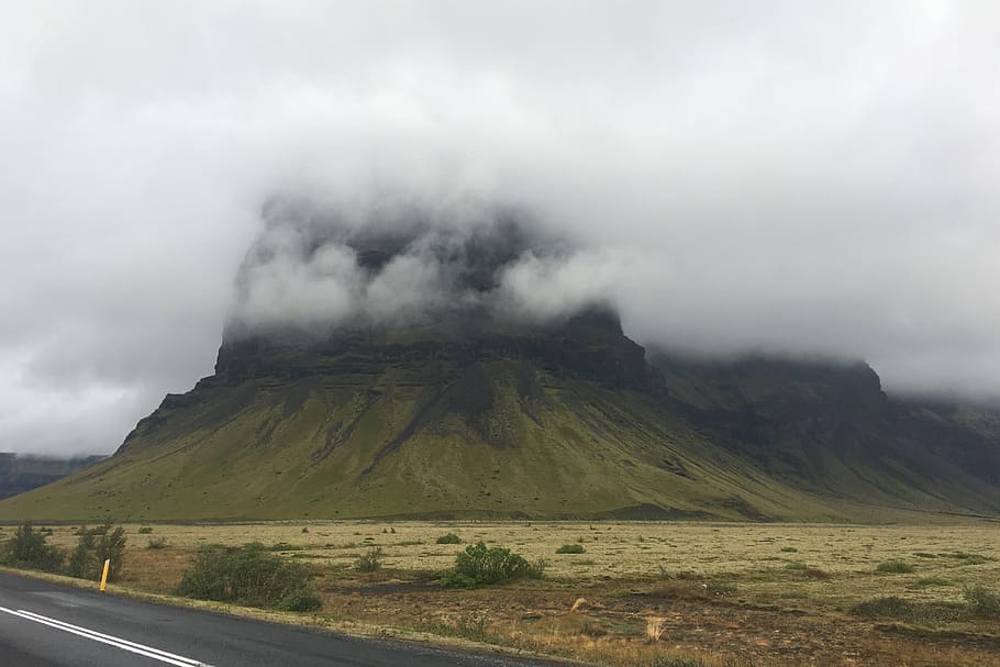 iceland, clouds, hill, grey skies, mountain, environment, landscape, sky, beauty in nature, road