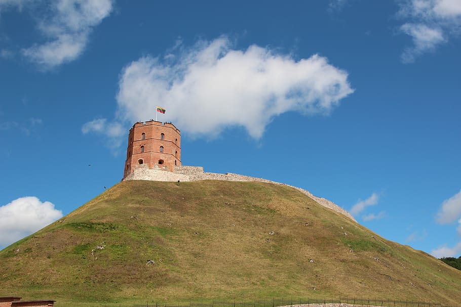 vilnius, lithuania, mountain, flag, fortress, castle, sky, cloud - sky, built structure, tower