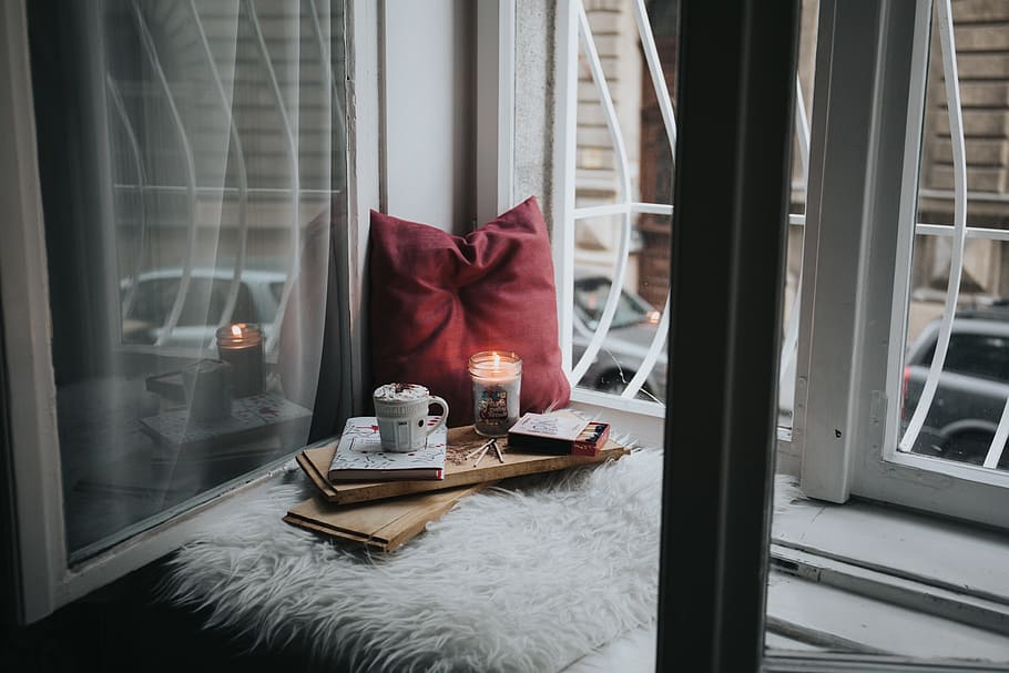red, throw, pillow, window, room, glass, candle, book, interior, indoors