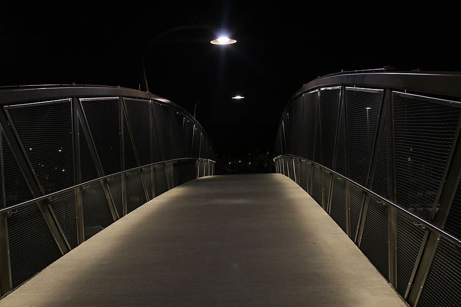 jembatan, waktu malam, satu, sudut, perspektif, fotografi, rendah, cahaya, jalur, gelap