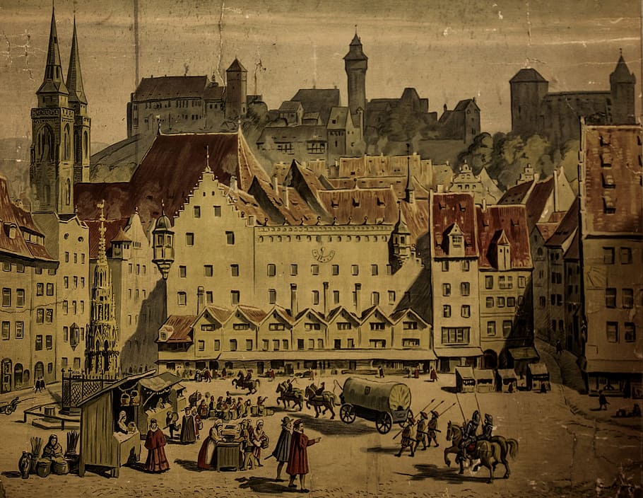 orang, berjalan, lukisan alun-alun kota, lukisan, abad pertengahan, nürnberg, pasar utama, kota tua, kastil, kastil kekaisaran