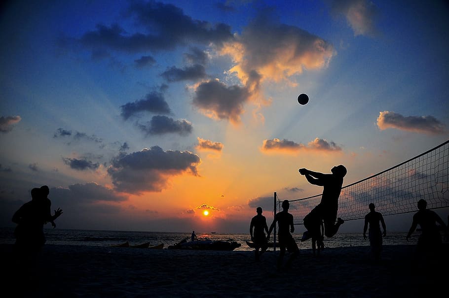 people playing volleyball, volleyball, game, beach, sunset, silhouettes, leisure, recreation, fun, teams