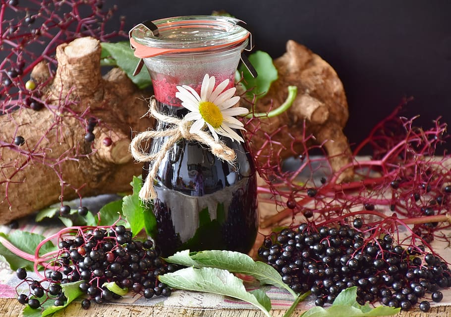 clear, glass carafe, bunch, grapes, elder, elderberries, berries, juice, fruits, black elderberry