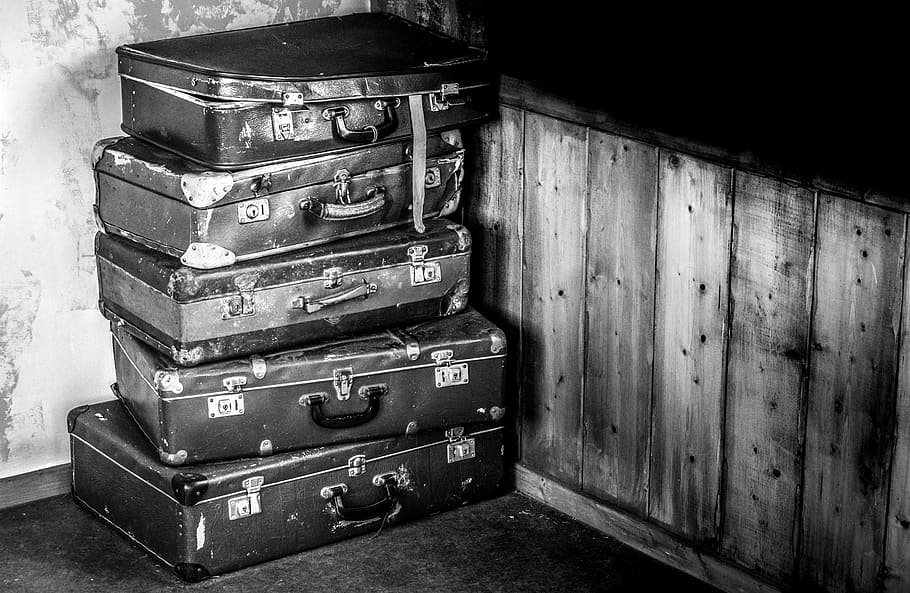 stacked, briefcase, grayscale photography, suitcases, train, black, white, travel, trip, transport