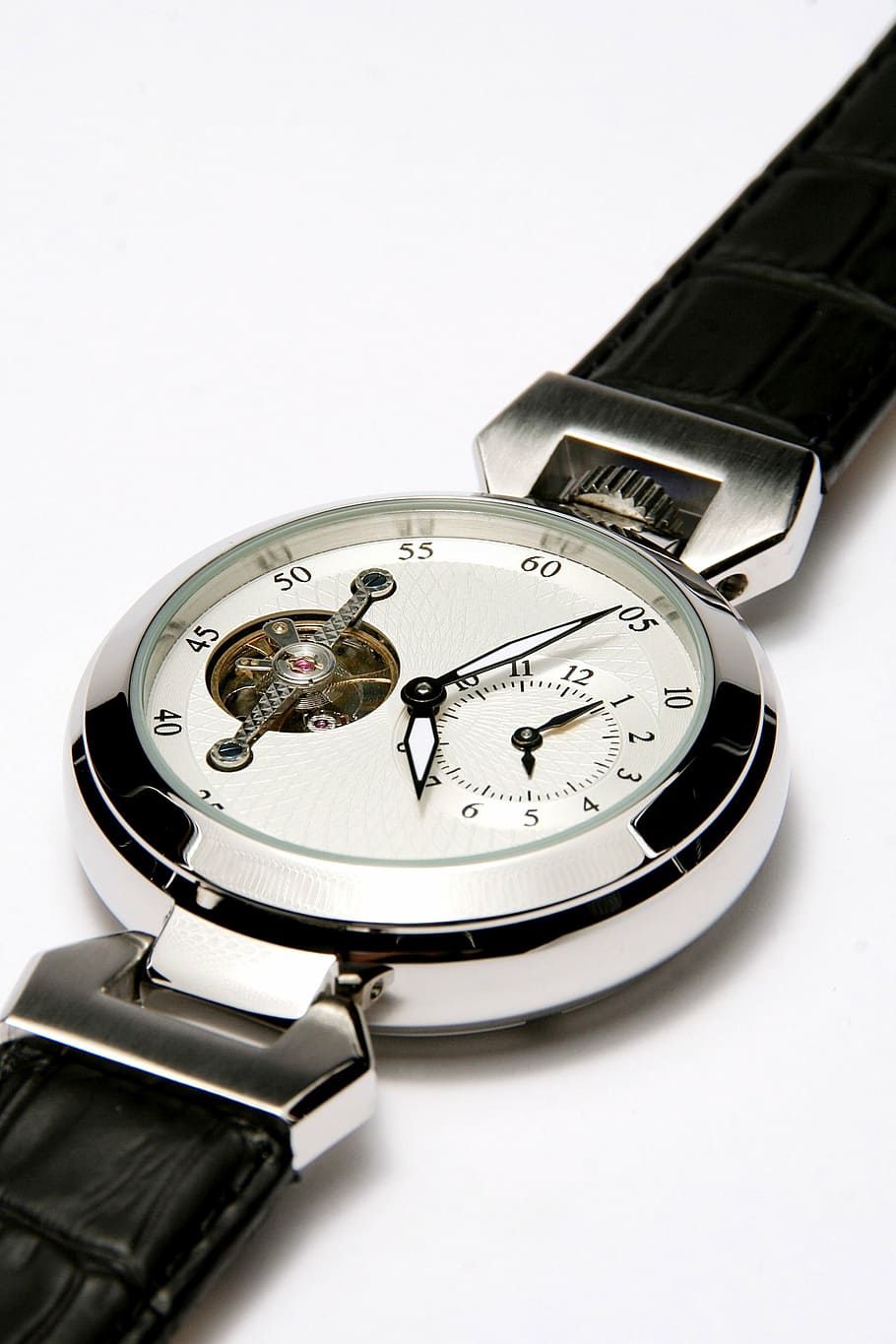 cronógrafo redondo em prata, relógio, preto, pulseira de couro, branco, painel, relógio de pulso, mens, cronômetro, prata