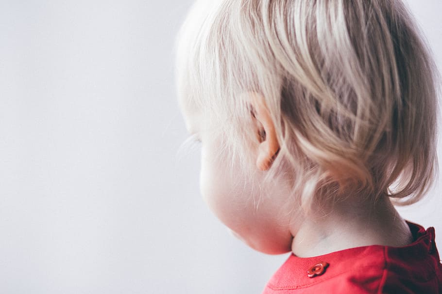 baby's red top, people, anonymous, baby, back, blonde, cheek, child, ear, girl