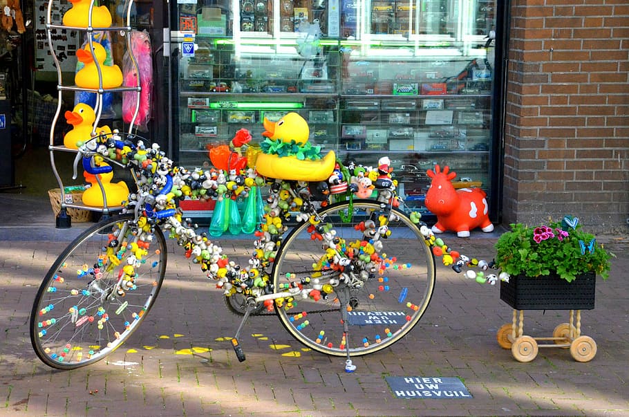 sepeda komuter, dihiasi, bunga, amsterdam, sepeda, warna-warni, belanda, roda, kota, jalan