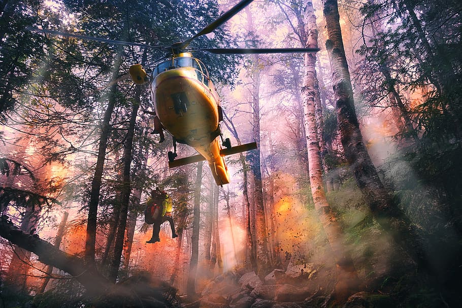 yellow, helicopter, dropping, person, forest, digital, wallpaper, help, first aid, mountain rescue