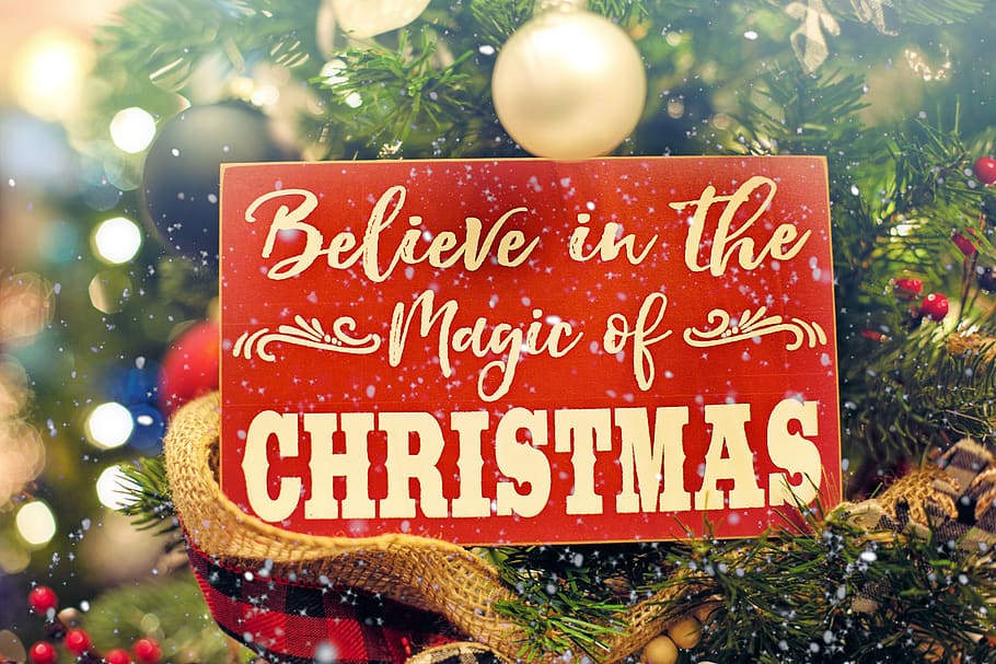 christmas, saying, believe, magic, inscription, holidays, red, sign, ornament, tree