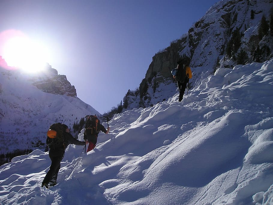 people, climb, glacier mountain, daytime, snow shoes, hiking, snow, snowshoeing, alpinism, bergsport
