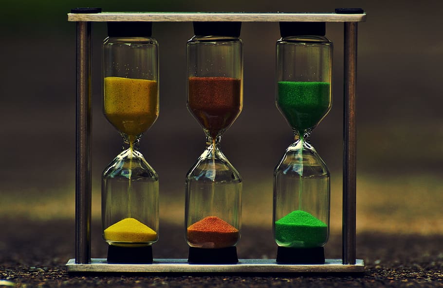 yellow, maroon, green, hourglasses, hourglass, time, sand, transience, run out, amount of time