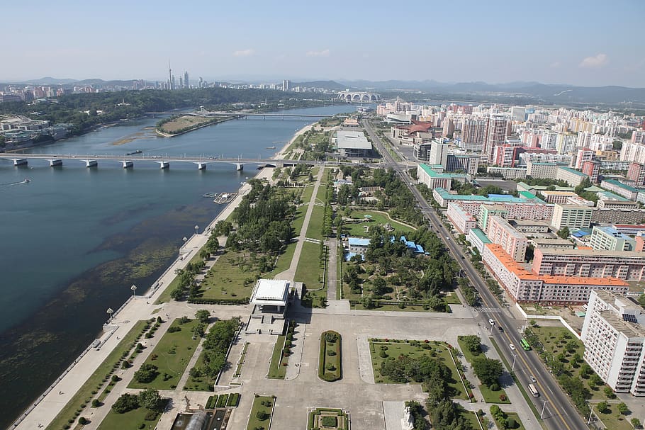 north korea, pyongyang, river, daedong, architecture, built structure, building exterior, city, water, high angle view