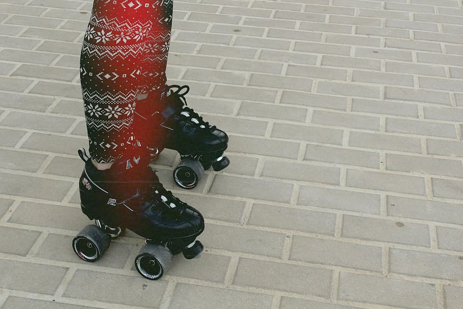 pair, black, roller skates, roller skating, pants, leggings, cobblestone, low section, human body part, human leg