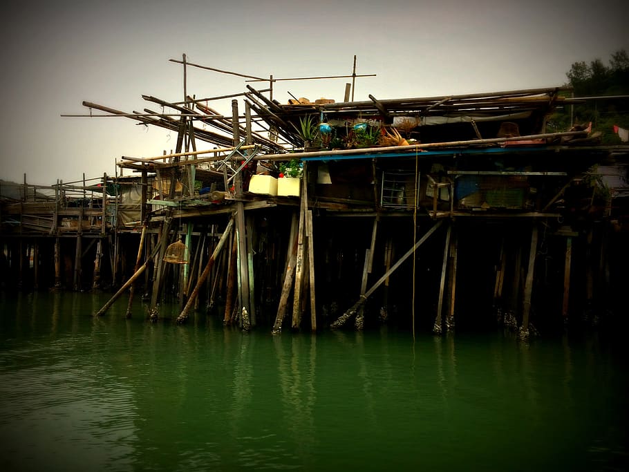 huts, village, river, wood, shacks, water, poor, waterfront, architecture, nautical vessel