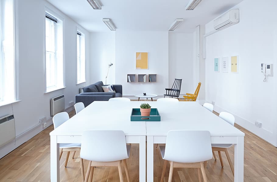 dos, rectangular, blanco, de madera, mesas, sillas, sala, negocios, oficina, mesa
