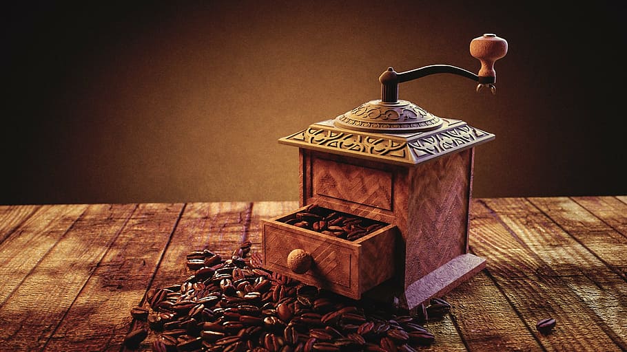 vintage brown coffeemaker, coffee grinder, coffee, powder, coffee grounds, drink, stimulant, tree, wooden, metal