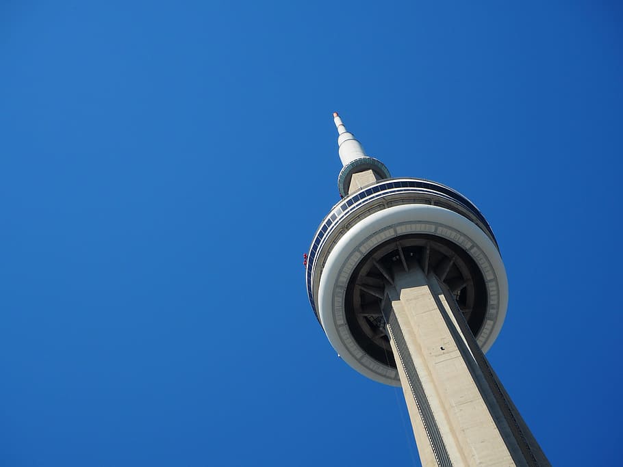 low-angle, architectural, photography, cn tower, canada, tower, blue sky, toronto, high, sky