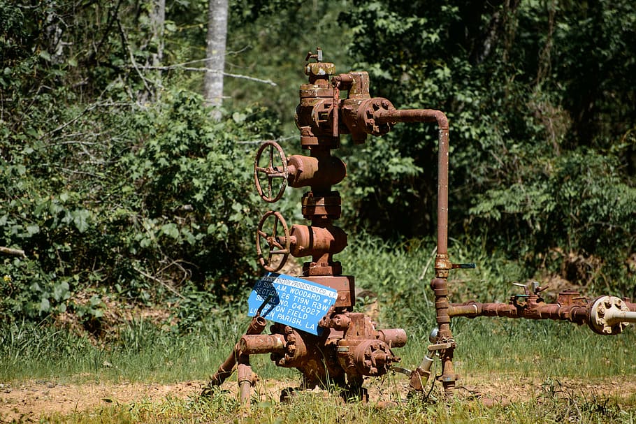 gas line, industrial, oilfield, rust, old, pipes, valve, equipment, plant, tree