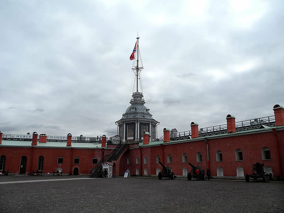 st petersburg russia, russia, the peter and paul fortress, showplace, history, architecture, bastion, flag, gun, fortress