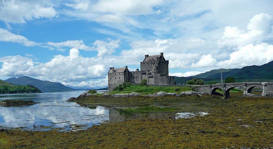 gray, concrete, castle, body, water, Eilean Donan Castle, Scotland, Landscape, clouds, eilean donan
