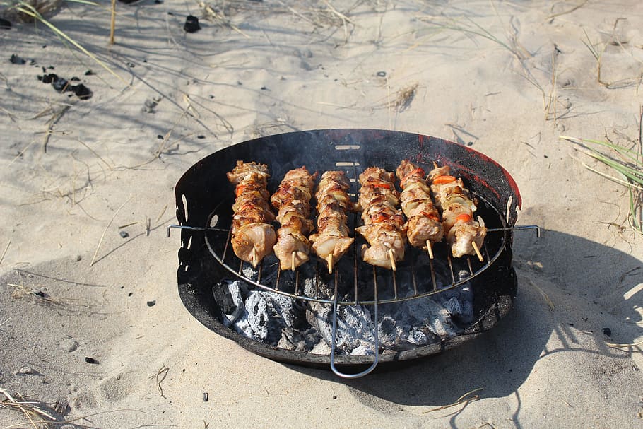 shish kebab, sand, vacation, beach, summer, barbecue, food, food and drink, meat, high angle view