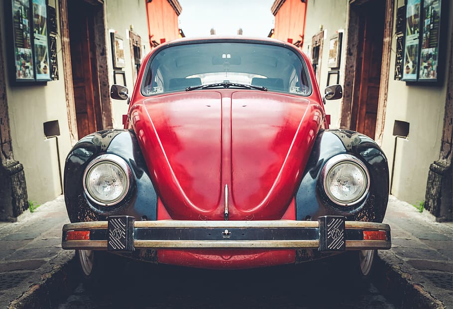 red, volkswagen beetle coupe park, buildings, automobile, automotive, beetle, car, classic, headlights, road