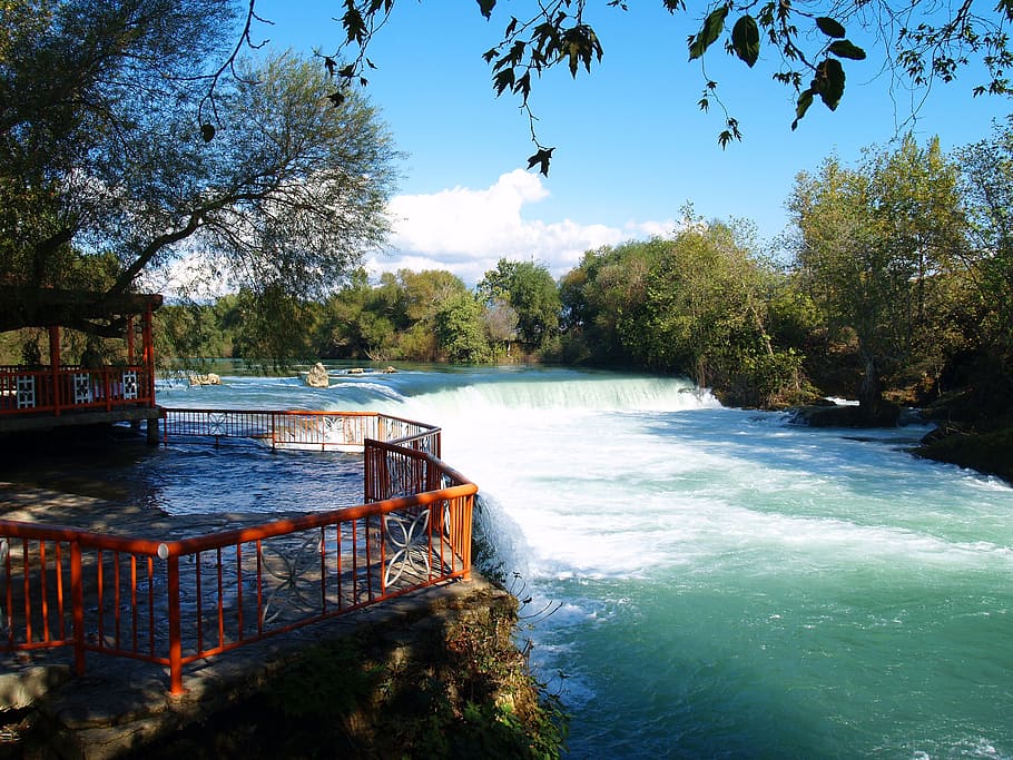 river, trees, terrace, daytime, water, waterfall, frothy, nature, landscape, turkish