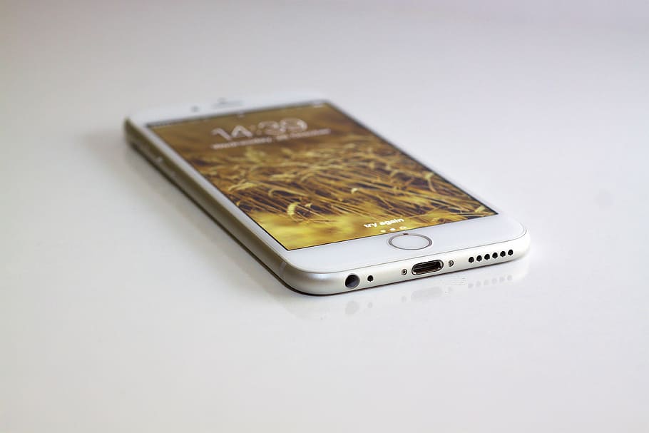 オンになっているシルバーiphone 6, 白, 表面, アップル, アップル社, iphone, モバイル, スマートフォン, デバイス, スマート