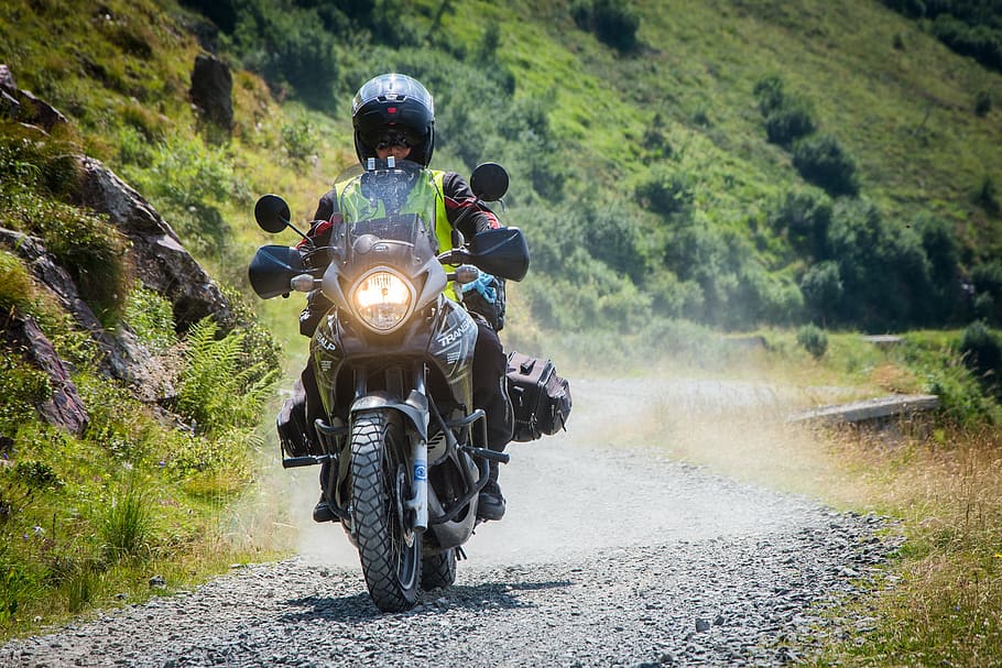 moto, bicicleta, motocicleta, motorista, naturaleza, paisaje, verde, plantas, camino, grava