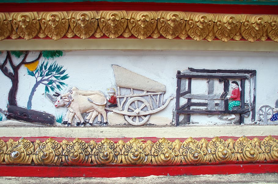 laos, vientiane, mosaic, mural, characters, stories, temple, art and craft, representation, mammal