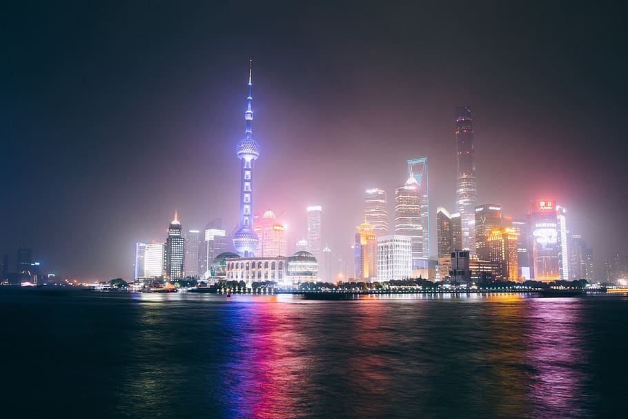 shanghai, skyline, night, city, buildings, skyscrapers, water, lights, architecture, business