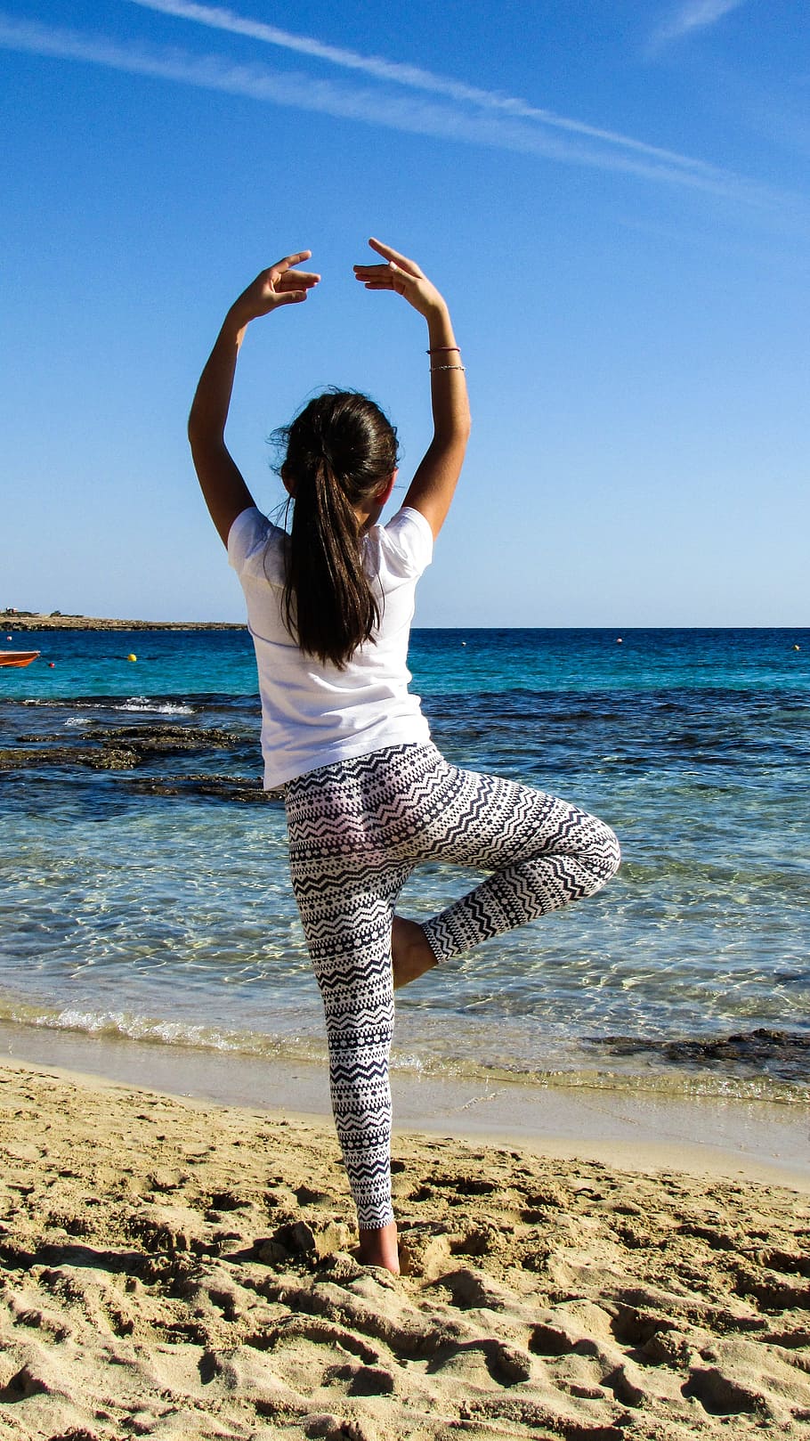 girl, wearing, white, shirt, gray, leggings, yoga, beach, dancing, motion