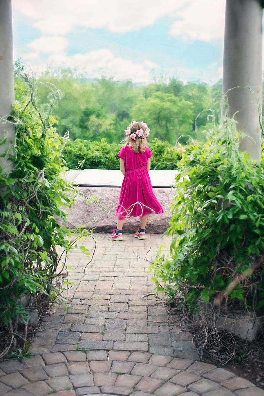 girl, wearing, pink, sleeved dress, standing, pathway, little girl, summer, pavilion, outdoors