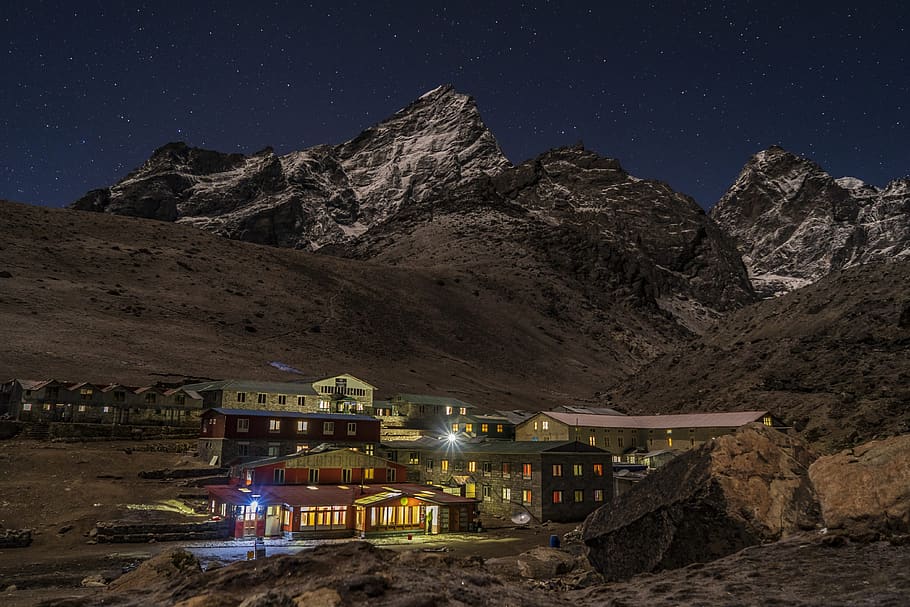 mountain, village, himalayan, nepal, evening, night, mountains, peak, mountain hut, guest house