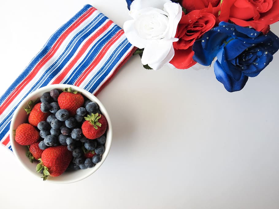 blueberries, strawberries, white, bowl, surface, black, berries, ceramic, red, blue