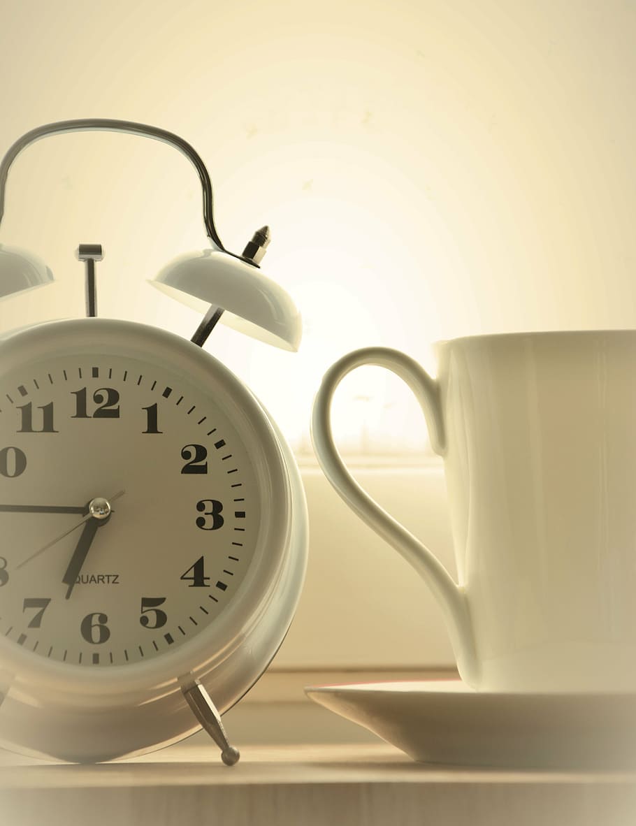 white, analog alarm clock, alarm clock, time of, good morning, stand up, have breakfast, time indicating, arouse, wake up