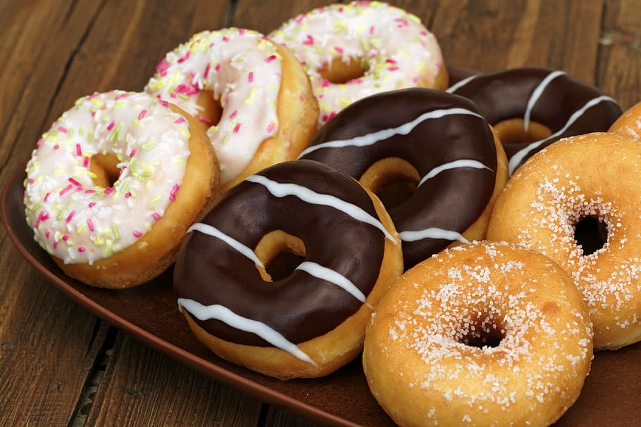 nine, donuts, brown, tray, cake, donut, food and drink, sweet food, food, sweet
