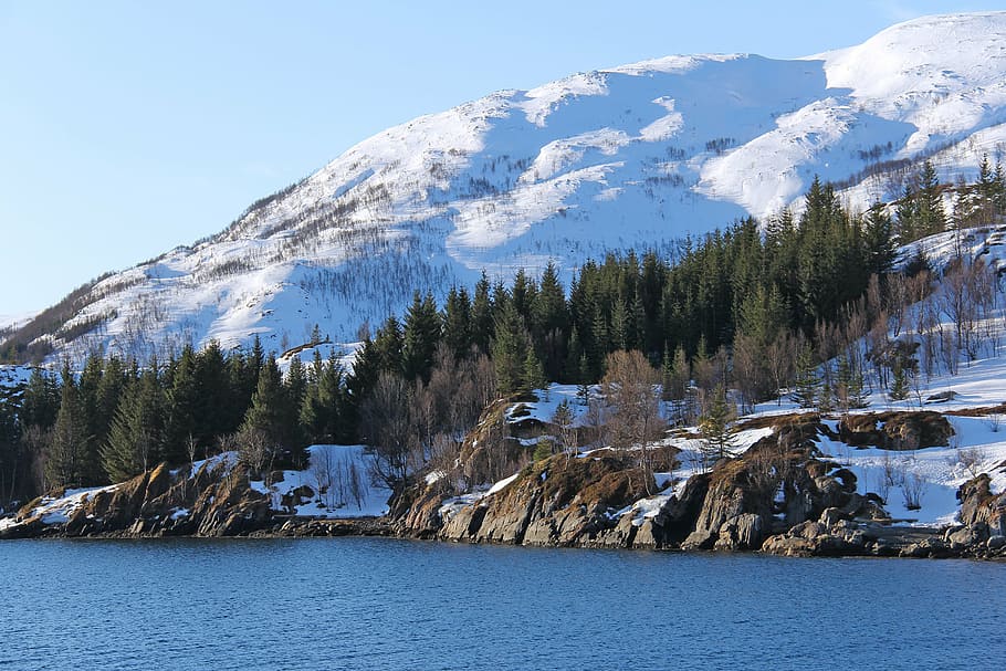 landscape, beautiful, sky, sea, fjord, snow, mountain, nordic house, winter, travel