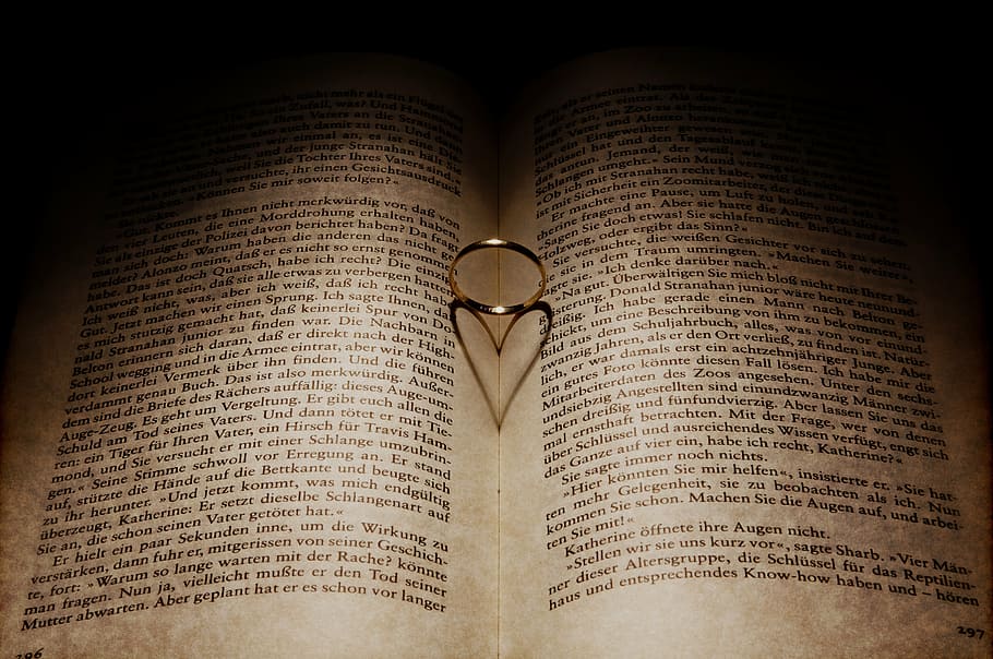 silver-colored ring, book, forming, heart shadow, heart, read, love, pages, romance, valentine's day
