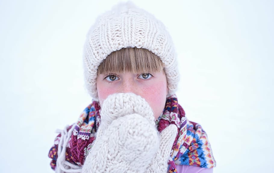 girl, wearing, knit, hat, gloves, person, human, child, face, headwear